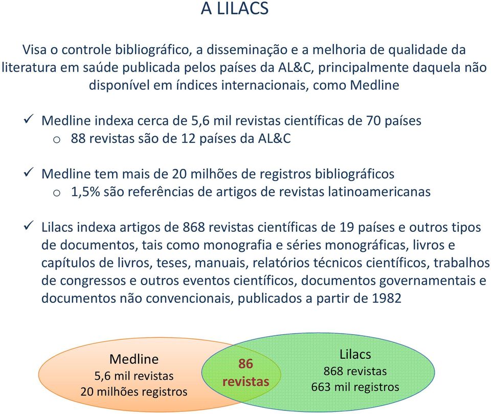 são referências de artigos de revistas latinoamericanas Lilacs indexa artigos de 868 revistas científicas de 19 países e outros tipos de documentos, tais como monografia e séries monográficas, livros