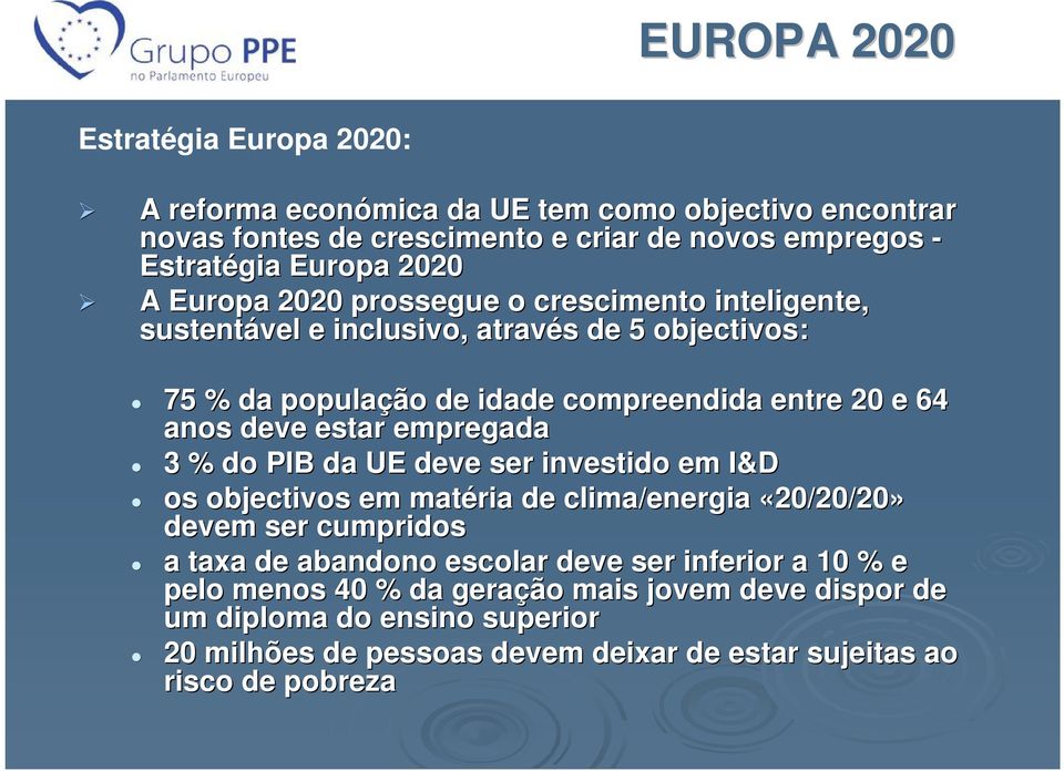 estar empregada 3 % do PIB da UE deve ser investido em I&D os objectivos em matéria de clima/energia «20/20/20» devem ser cumpridos a taxa de abandono escolar deve ser