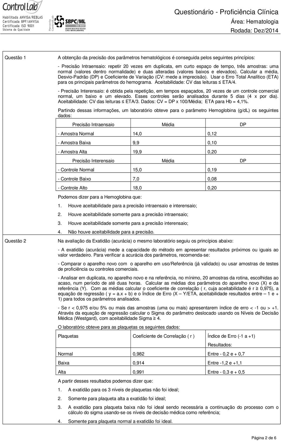 Usar o Erro Total Analítico (ETA) para os principais parâmetros do hemograma. Aceitabilidade: CV das leituras ETA/4.