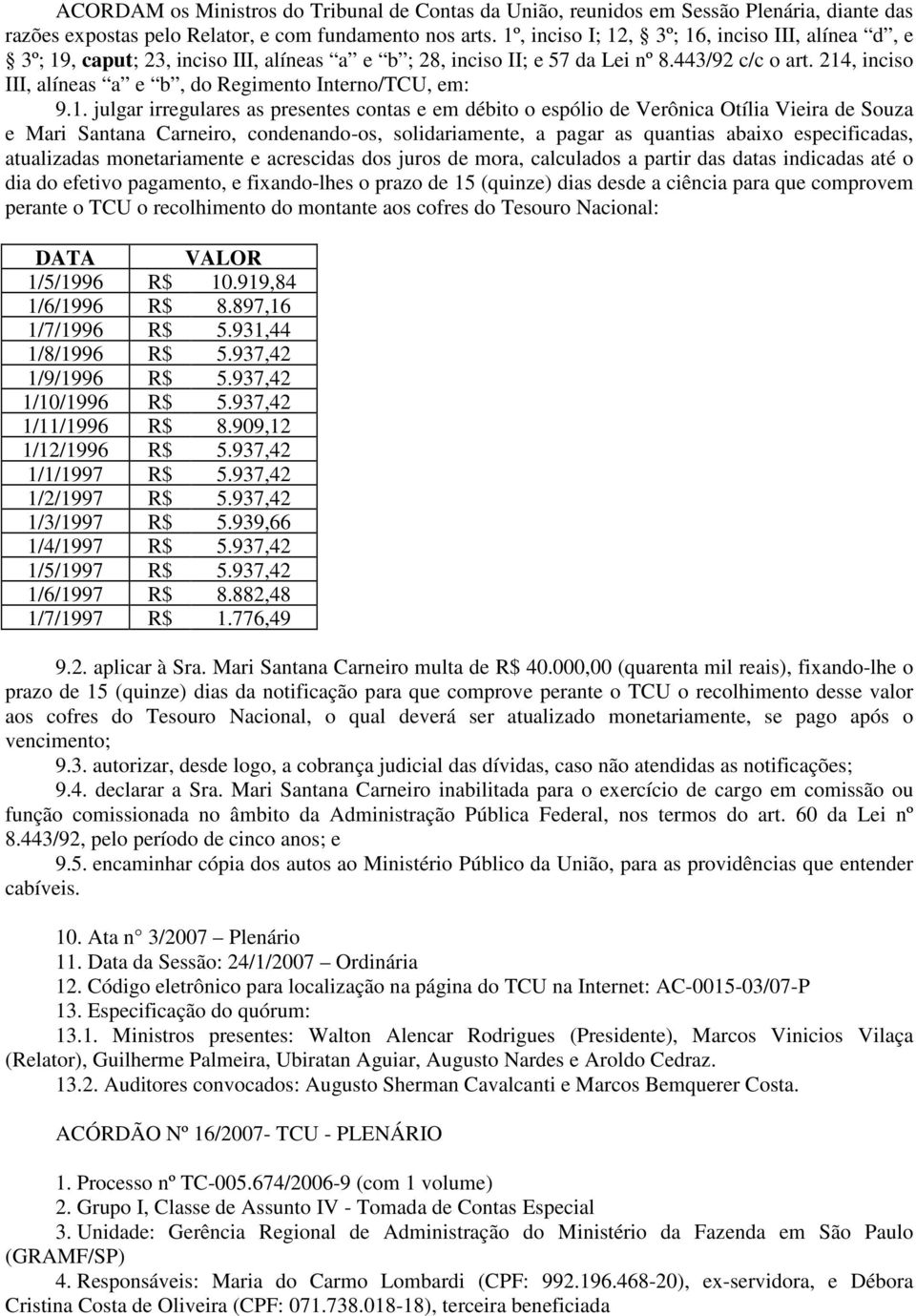 214, inciso III, alíneas a e b, do Regimento Interno/TCU, em: 9.1. julgar irregulares as presentes contas e em débito o espólio de Verônica Otília Vieira de Souza e Mari Santana Carneiro,