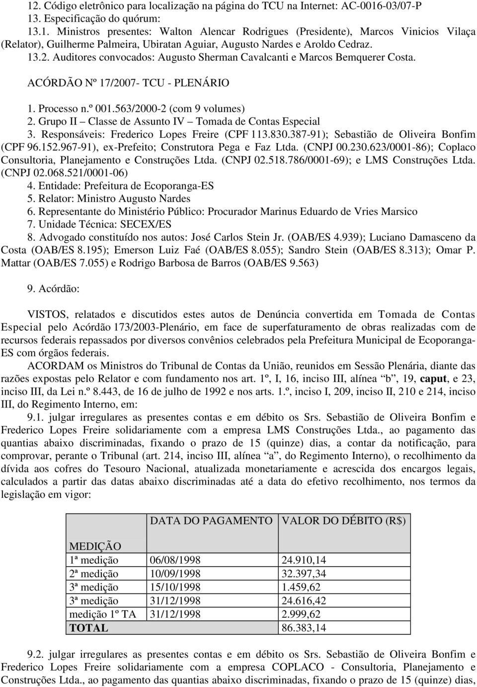 Grupo II Classe de Assunto IV Tomada de Contas Especial 3. Responsáveis: Frederico Lopes Freire (CPF 113.830.387-91); Sebastião de Oliveira Bonfim (CPF 96.152.
