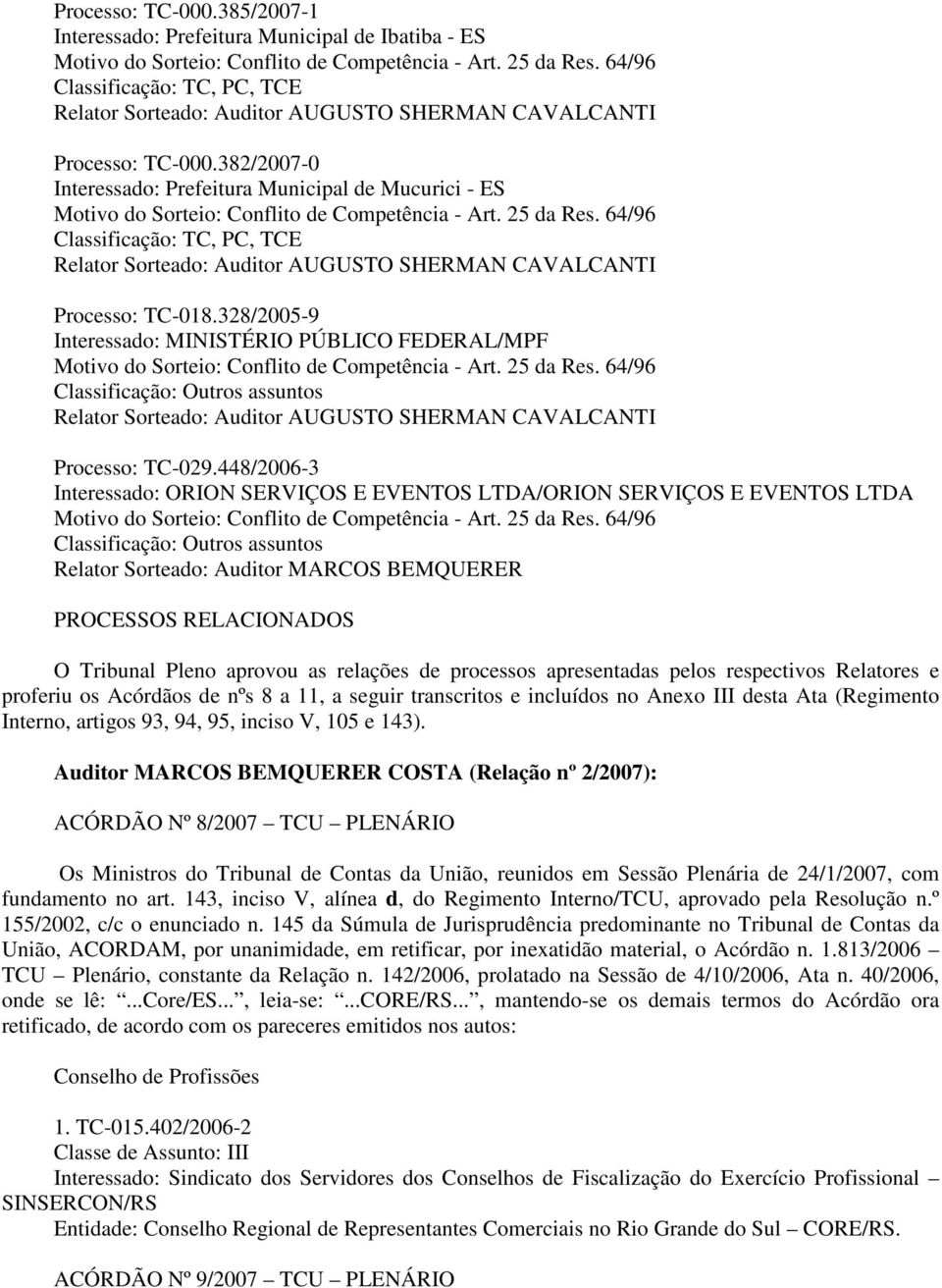 382/2007-0 Interessado: Prefeitura Municipal de Mucurici - ES Motivo do Sorteio: Conflito de Competência - Art. 25 da Res.