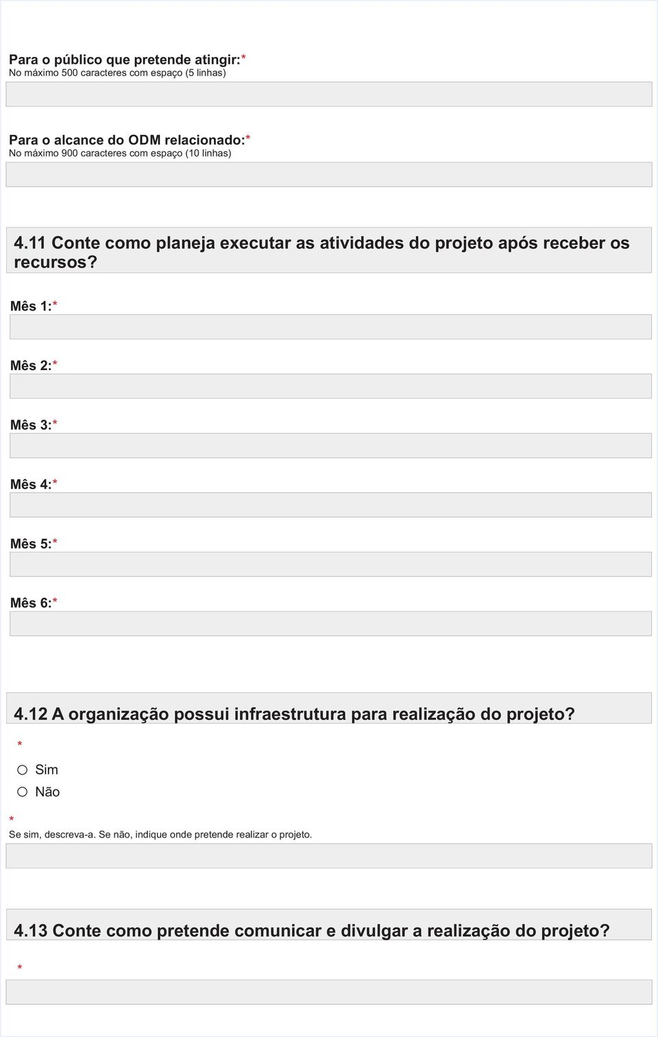 Mês 1: Mês 2: Mês 3: Mês 4: Mês 5: Mês 6: 4.12 A organização possui infraestrutura para realização do projeto?