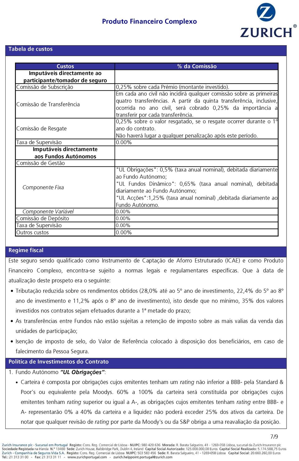 00% % da Comissão 0,25% sobre cada Prémio (montante investido). Em cada ano civil não incidirá qualquer comissão sobre as primeiras quatro transferências.