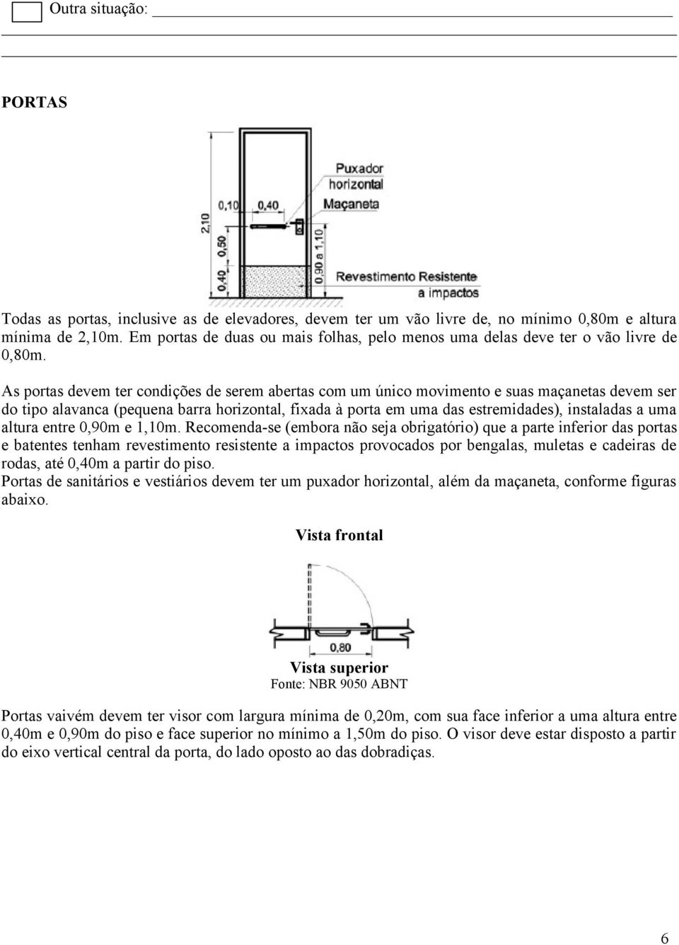 As portas devem ter condições de serem abertas com um único movimento e suas maçanetas devem ser do tipo alavanca (pequena barra horizontal, fixada à porta em uma das estremidades), instaladas a uma