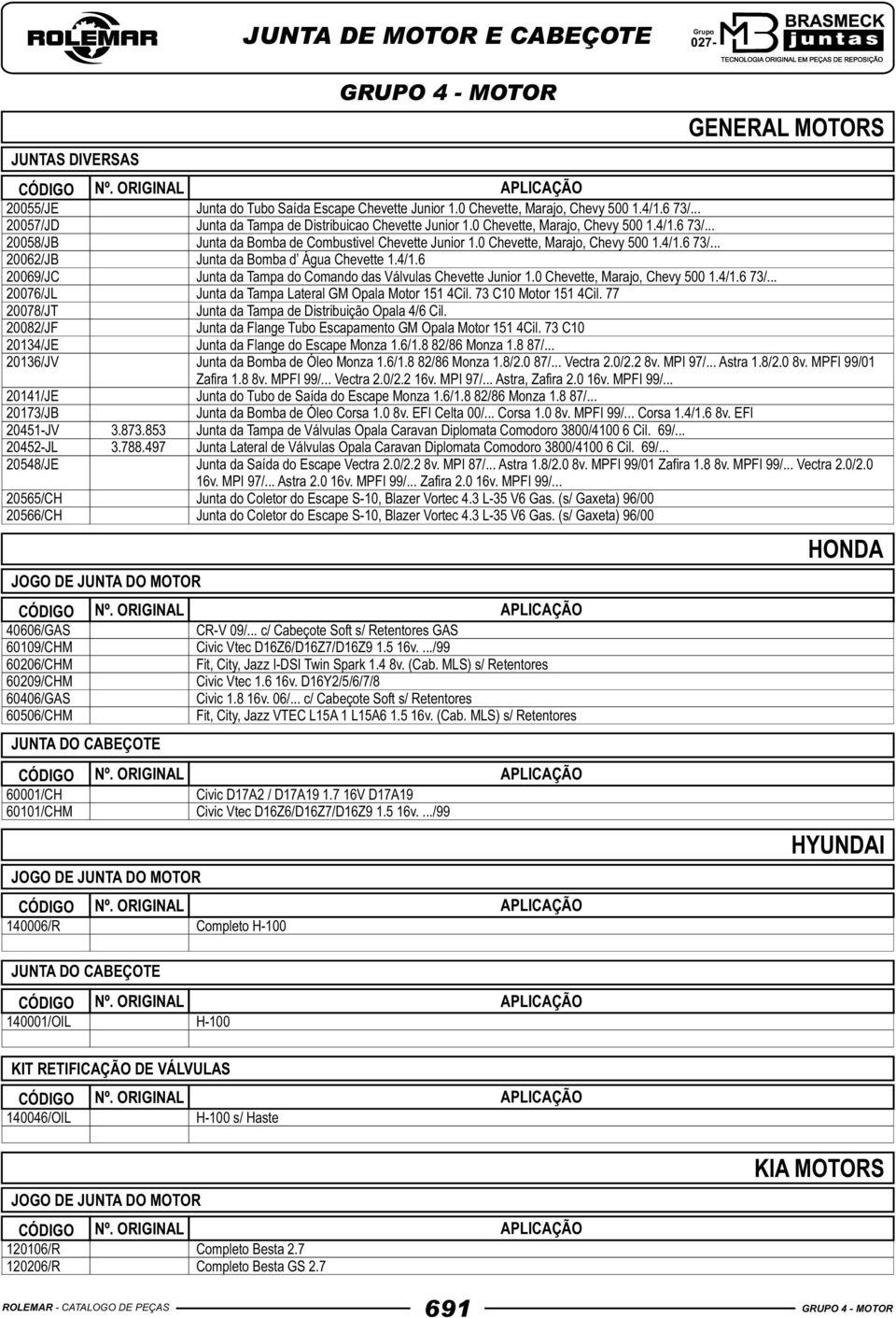 .. c/ Cabeçote Soft s/ Retentores 60506/CHM Fit, City, Jazz VTEC L15A 1 L15A6 1.5 16v. (Cab. MLS) s/ Retentores 60001/CH Civic D17A2 / D17A19 1.7 16V D17A19 60101/CHM Civic Vtec D16Z6/D16Z7/D16Z9 1.