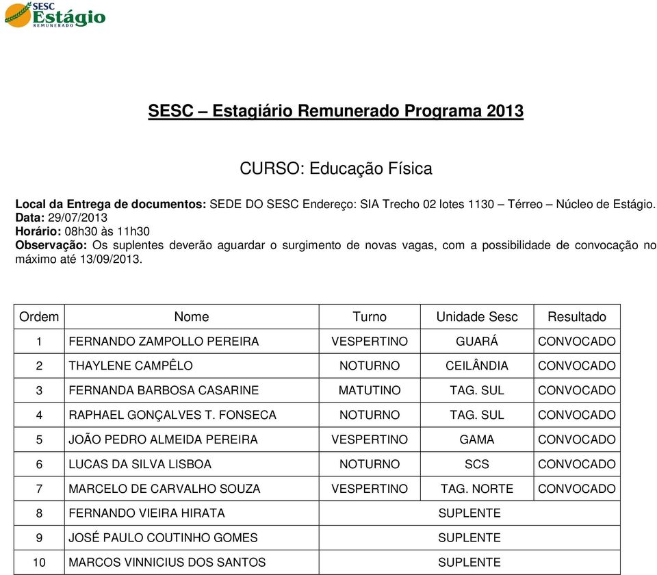 CASARINE MATUTINO TAG. SUL CONVOCADO 4 RAPHAEL GONÇALVES T. FONSECA NOTURNO TAG.