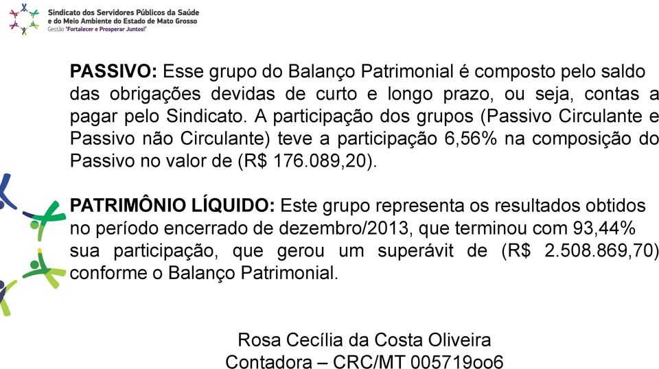 A participação dos grupos (Passivo Circulante e Passivo não Circulante) teve a participação 6,56% na composição do Passivo no valor de (R$ 176.