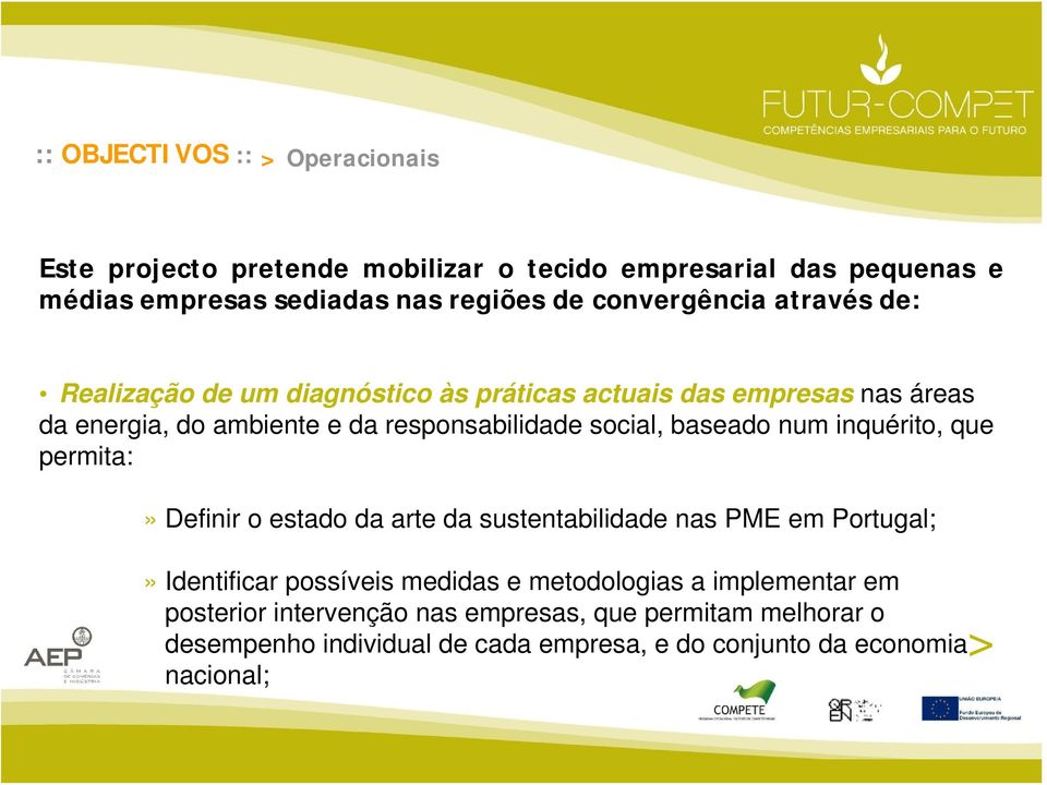 social, baseado num inquérito, que permita:» Definir o estado da arte da sustentabilidade nas PME em Portugal;» Identificar possíveis medidas e