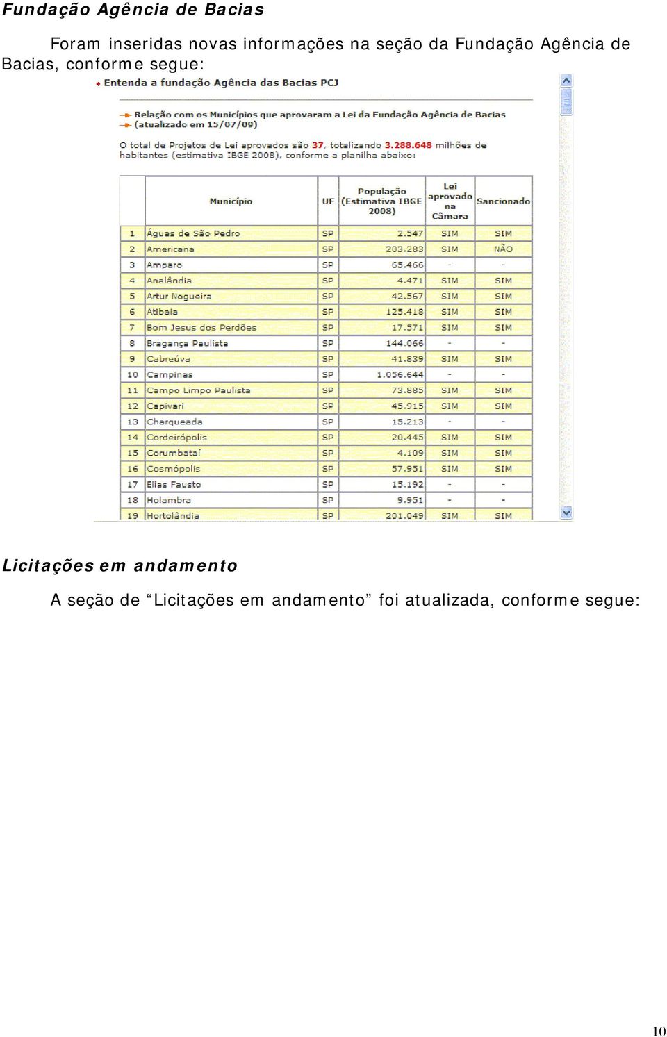 conforme segue: Licitações em andamento A seção de