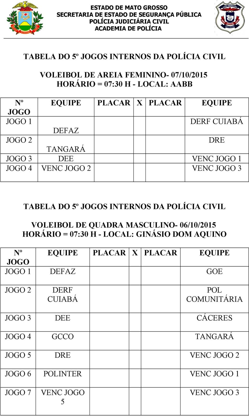 POLÍCIA CIVIL VOLEIBOL DE QUADRA MASCULINO- 06/10/2015 HORÁRIO = 07:30 H - LOCAL: GINÁSIO DOM AQUINO
