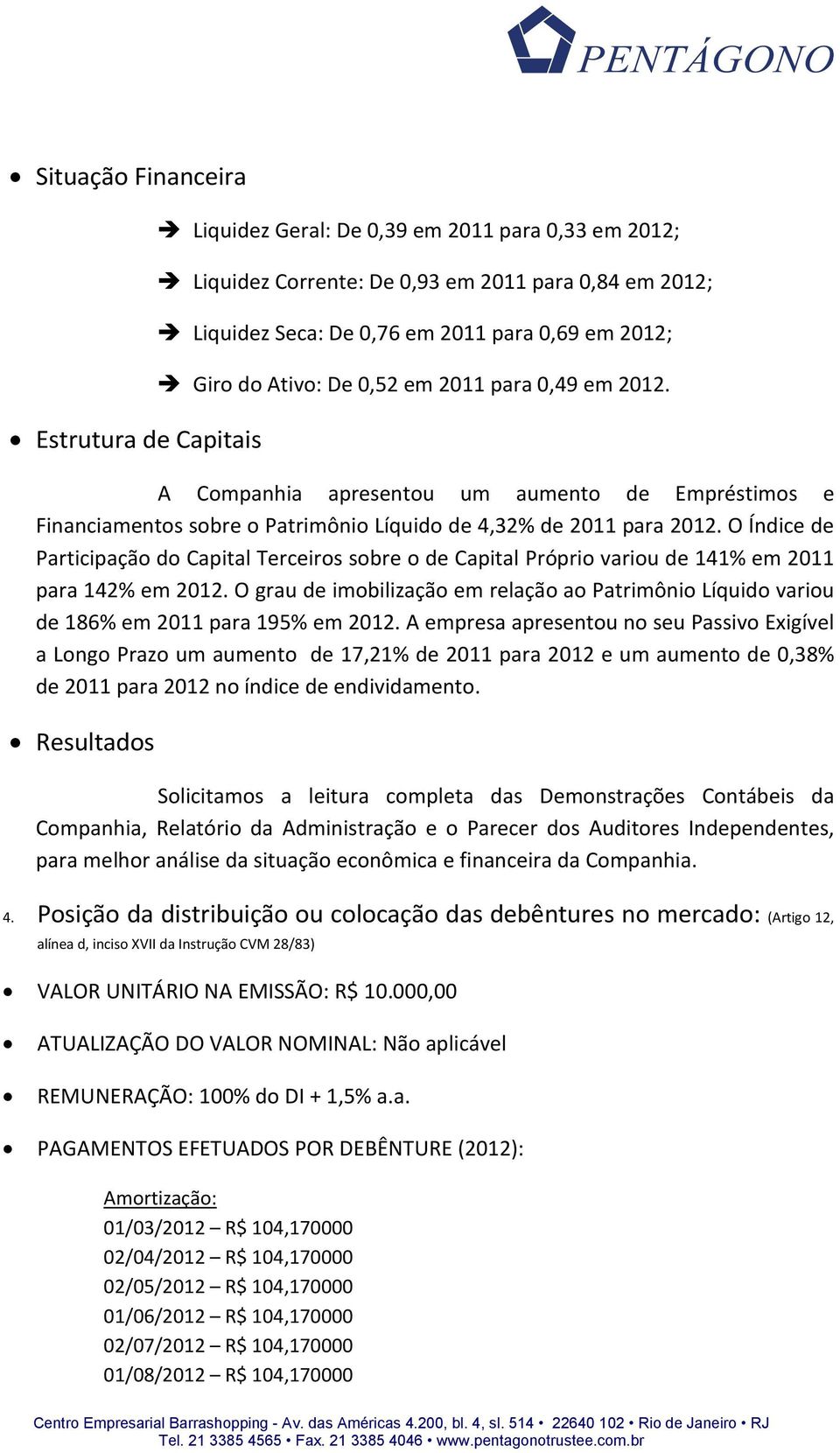 O Índice de Participação do Capital Terceiros sobre o de Capital Próprio variou de 141% em 2011 para 142% em 2012.