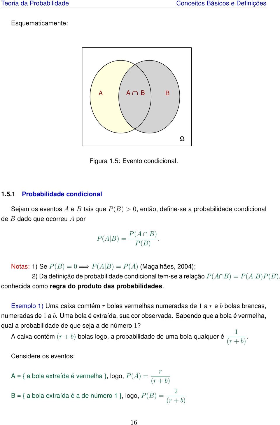 P (B) Notas: 1) Se P (B) = 0 = P (A B) = P (A) (Magalhães, 2004); 2) Da definição de probabilidade condicional tem-se a relação P (A B) = P (A B)P (B), conhecida como regra do produto das