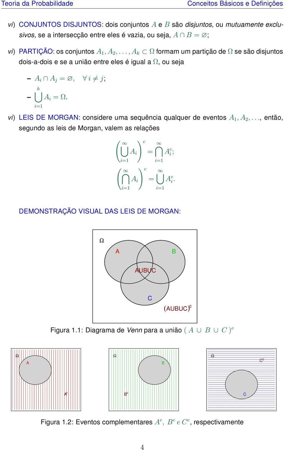 vi) LEIS DE MORGAN: considere uma sequência qualquer de eventos A 1, A 2,..., então, segundo as leis de Morgan, valem as relações ( ) c A i = A c i; ( ) c A i = A c i.