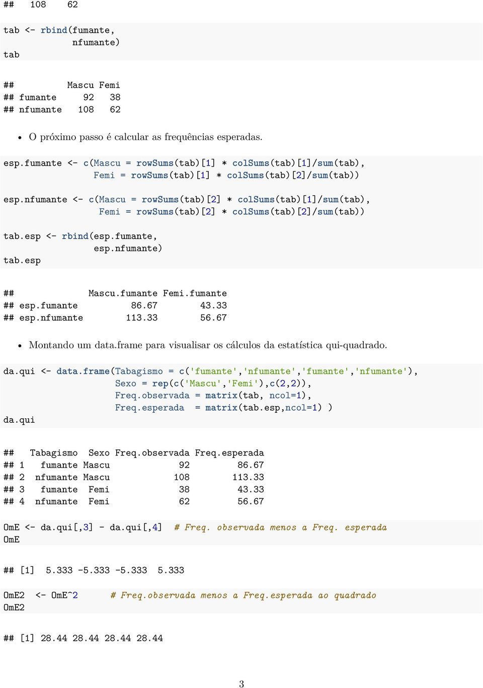 nfumante <- c(mascu = rowsums(tab)[2] * colsums(tab)[1]/sum(tab), Femi = rowsums(tab)[2] * colsums(tab)[2]/sum(tab)) tab.esp <- rbind(esp.fumante, esp.nfumante) tab.esp ## Mascu.fumante Femi.