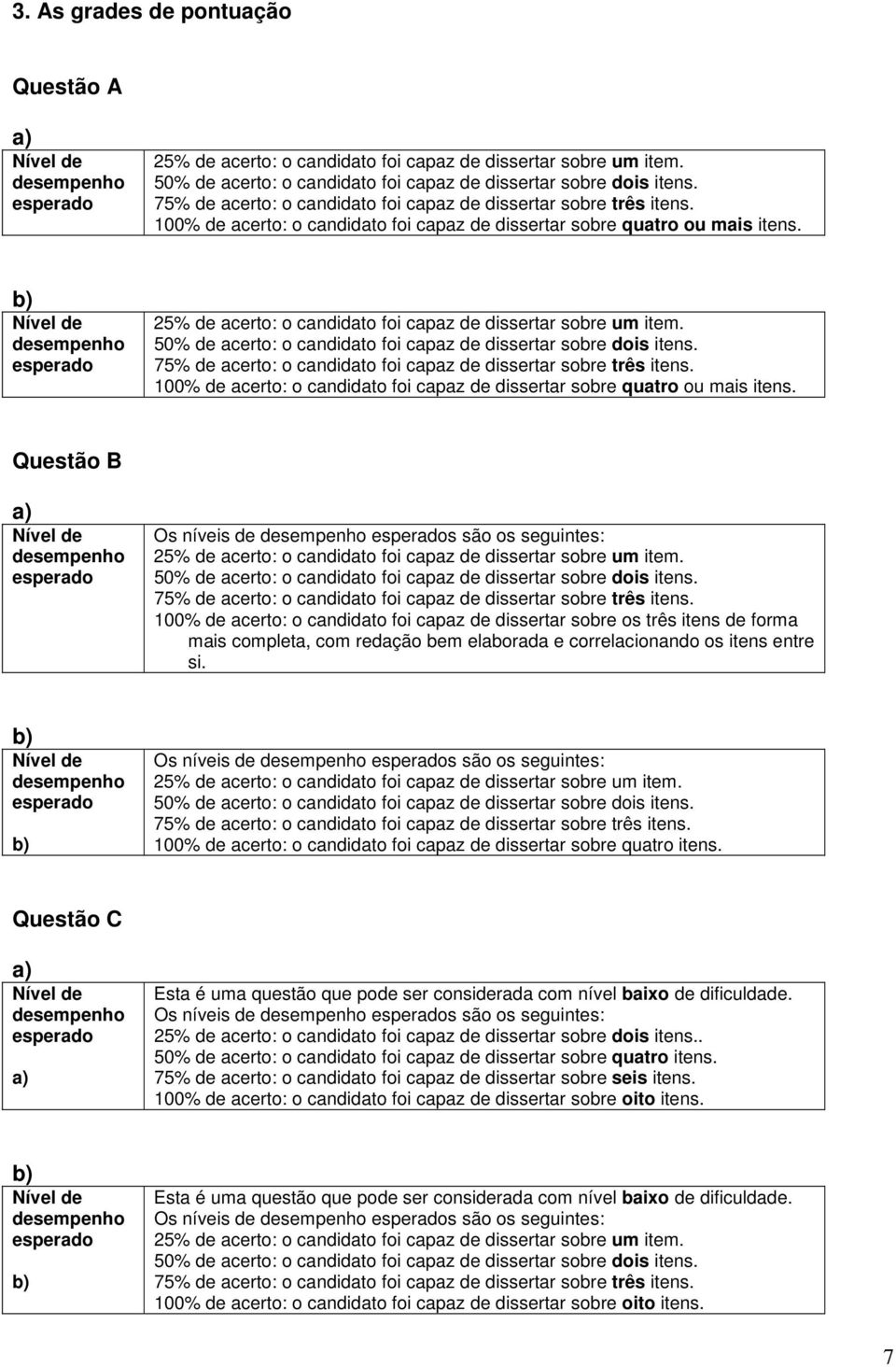 b) 25% de acerto: o candidato foi capaz de dissertar sobre um item. 50% de acerto: o candidato foi capaz de dissertar sobre dois itens.