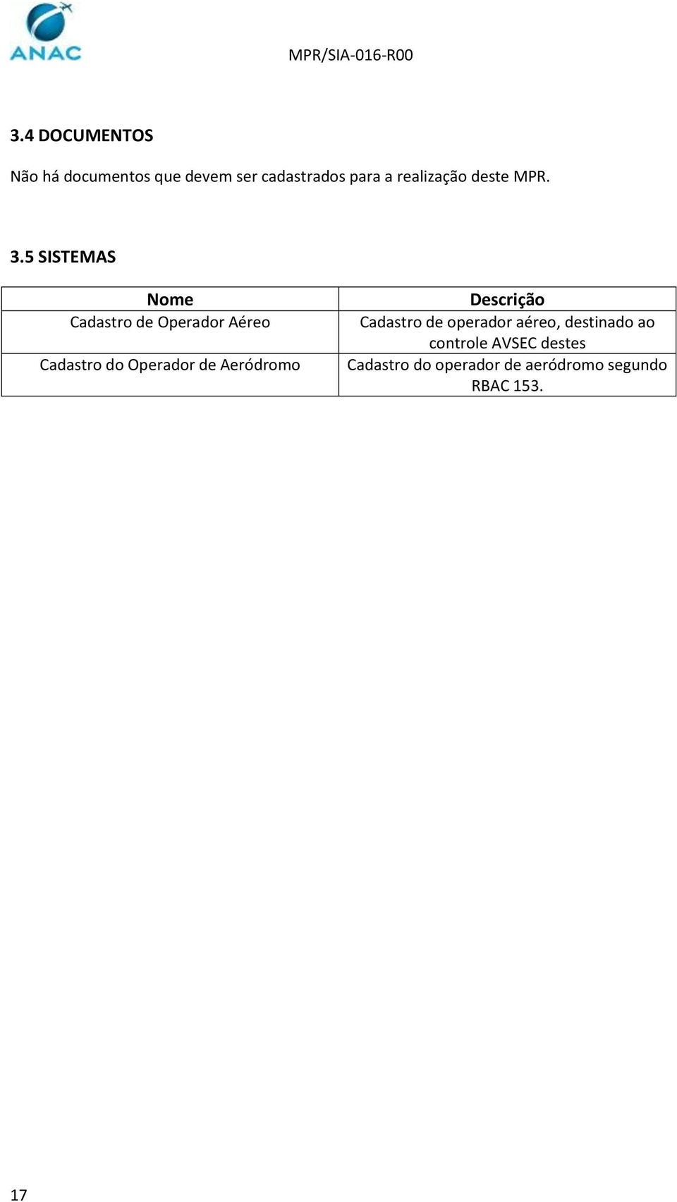 5 SISTEMAS Nome Cadastro de Operador Aéreo Cadastro do Operador de