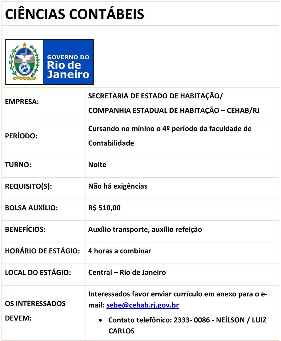 R$ 510,00, auxílio refeição 4 horas a combinar Central Rio de Janeiro Interessados favor enviar