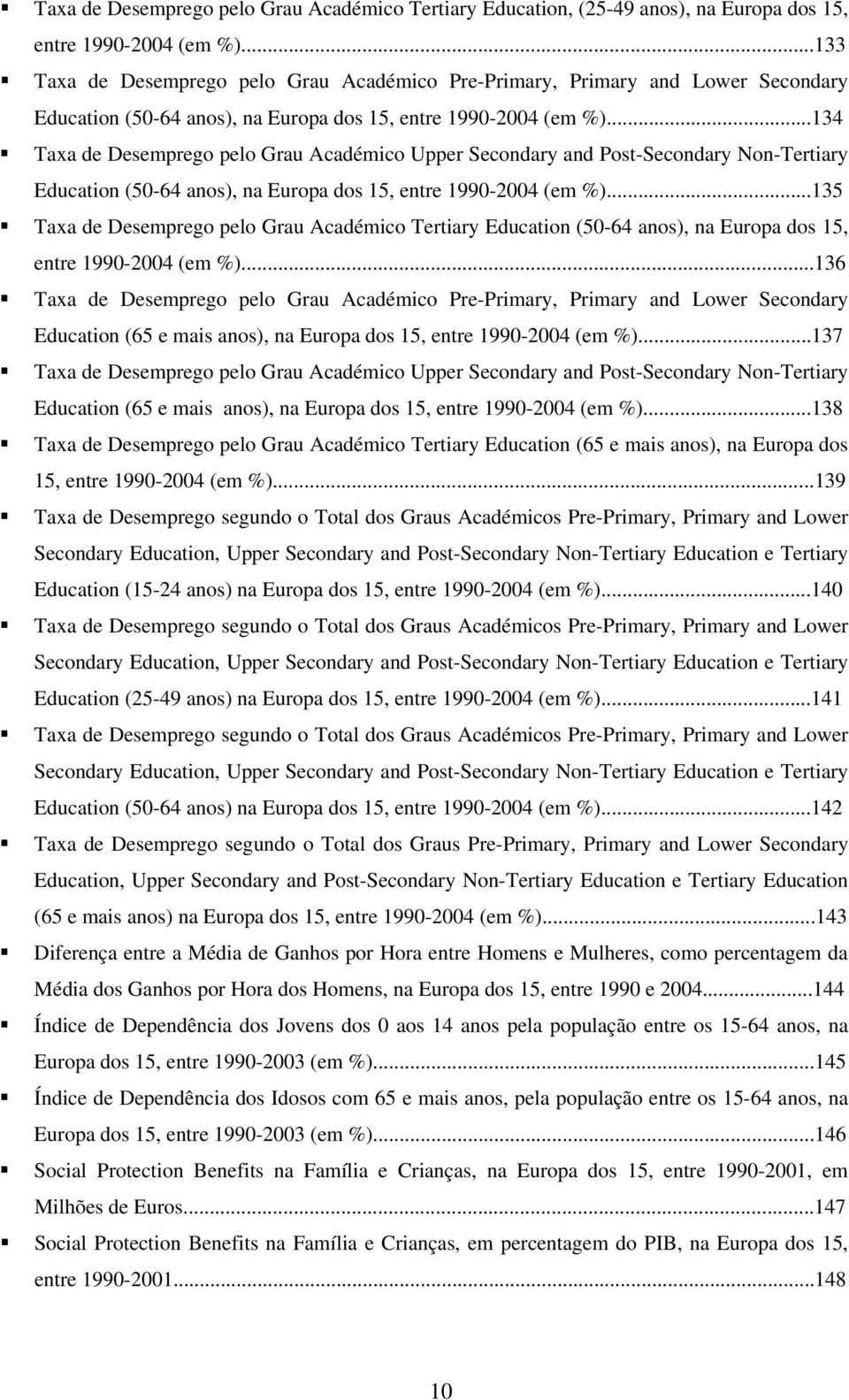 ..134 Taxa de Desemprego pelo Grau Académico Upper Secondary and Post-Secondary Non-Tertiary Education (50-64 anos), na Europa dos 15, entre 1990-2004 (em %).