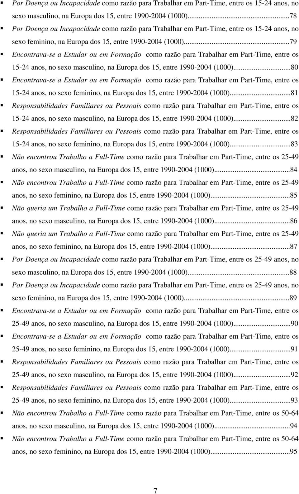 ..79 Encontrava-se a Estudar ou em Formação como razão para Trabalhar em Part-Time, entre os 15-24 anos, no sexo masculino, na Europa dos 15, entre 1990-2004 (1000).