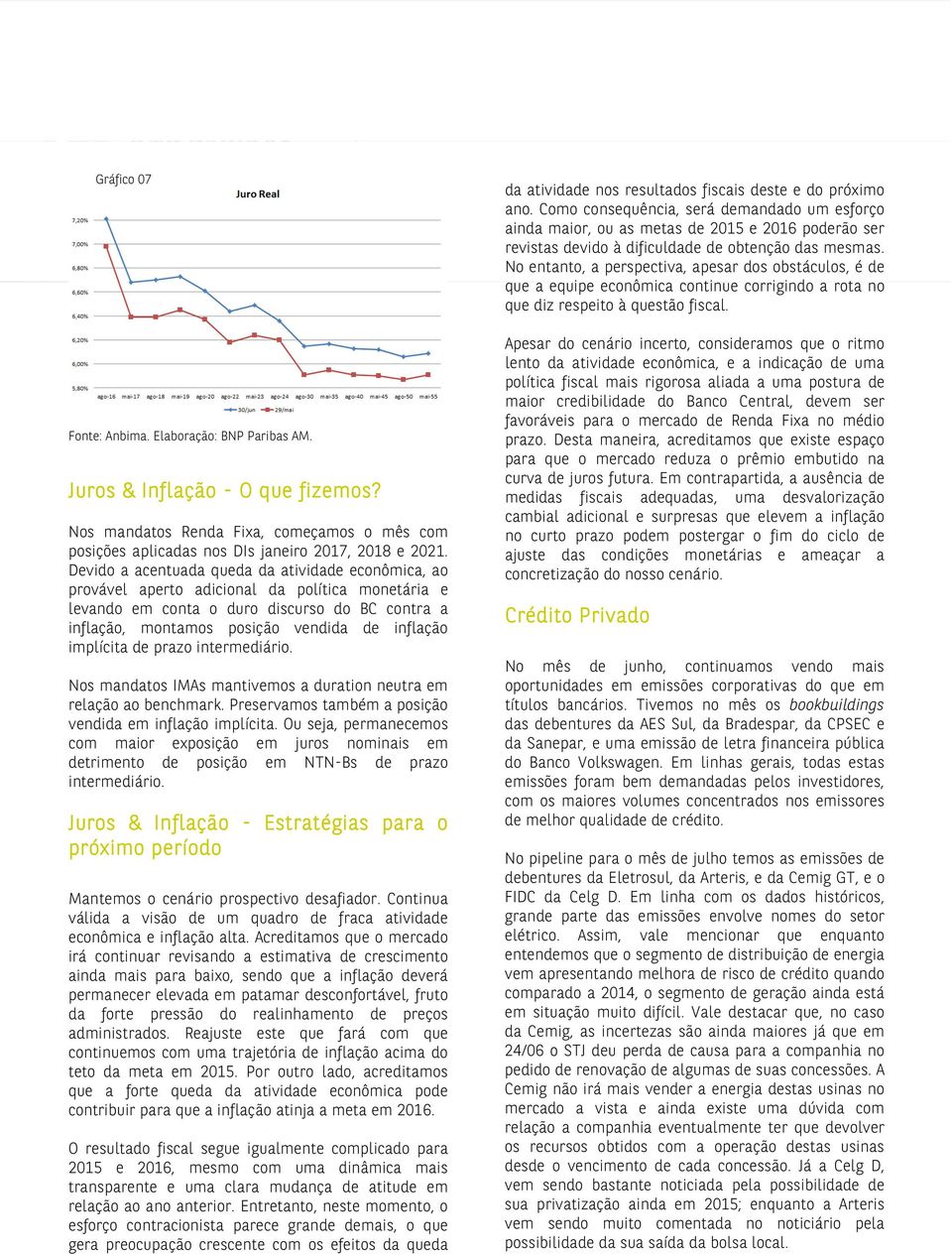 implícita de prazo intermediário. Nos mandatos IMAs mantivemos a duration neutra em relação ao benchmark. Preservamos também a posição vendida em inflação implícita.