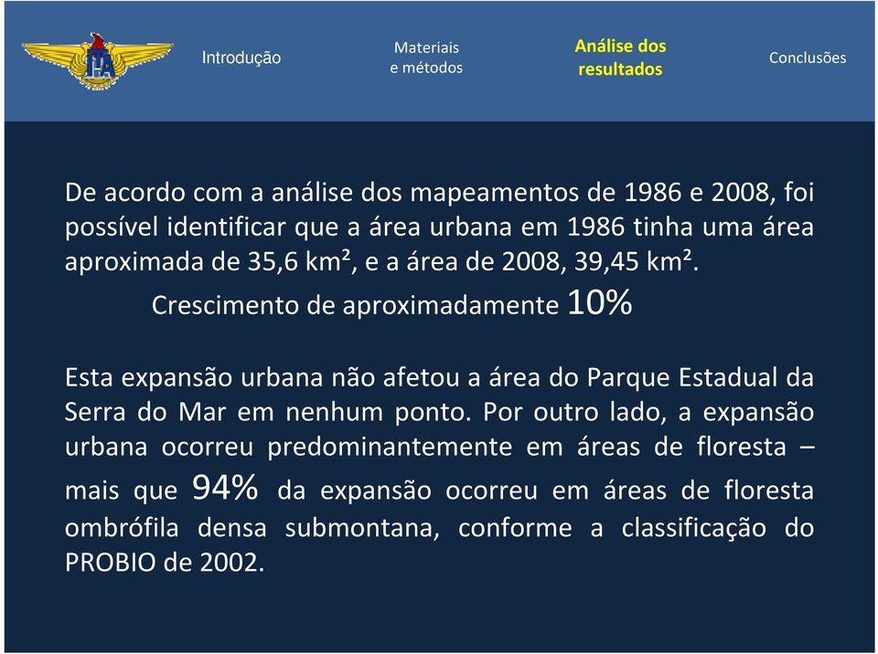 Crescimento de aproximadamente 10% Esta expansão urbana não afetou a área do Parque Estadual da Serra do Mar em nenhum ponto.