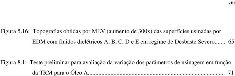 usinadas por EDM com fluidos dielétricos A, B, C, D e E em regime de