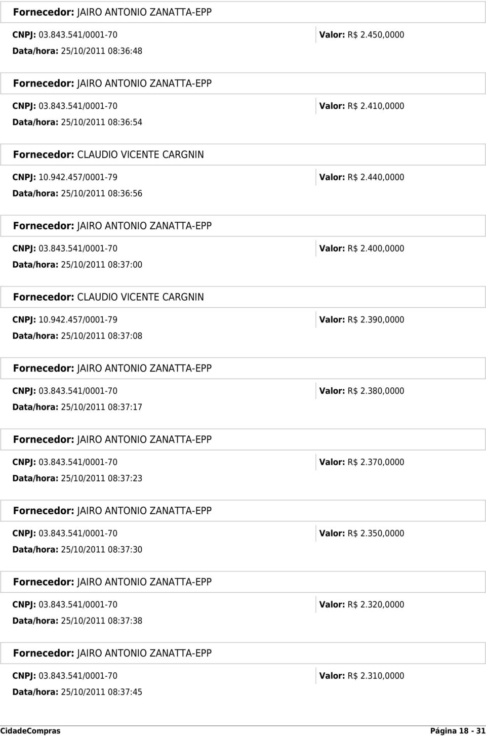 390,0000 Data/hora: 25/10/2011 08:37:08 CNPJ: 03.843.541/0001-70 Valor: R$ 2.380,0000 Data/hora: 25/10/2011 08:37:17 CNPJ: 03.843.541/0001-70 Valor: R$ 2.370,0000 Data/hora: 25/10/2011 08:37:23 CNPJ: 03.