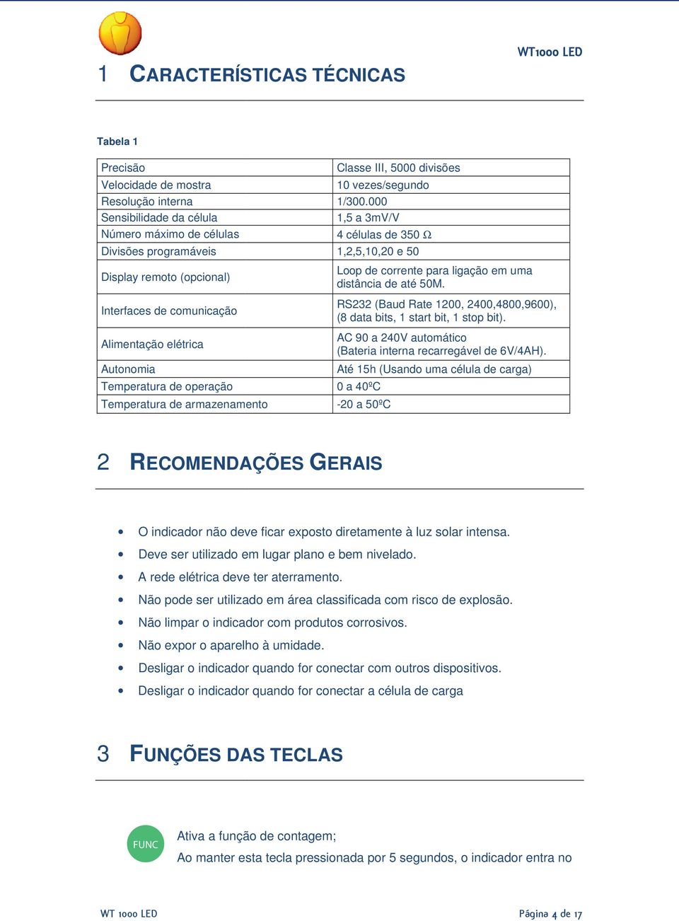 000 1,5 a 3mV/V 4 células de 350 Ω 1,2,5,10,20 e 50 Loop de corrente para ligação em uma distância de até 50M. RS232 (Baud Rate 1200, 2400,4800,9600), (8 data bits, 1 start bit, 1 stop bit).