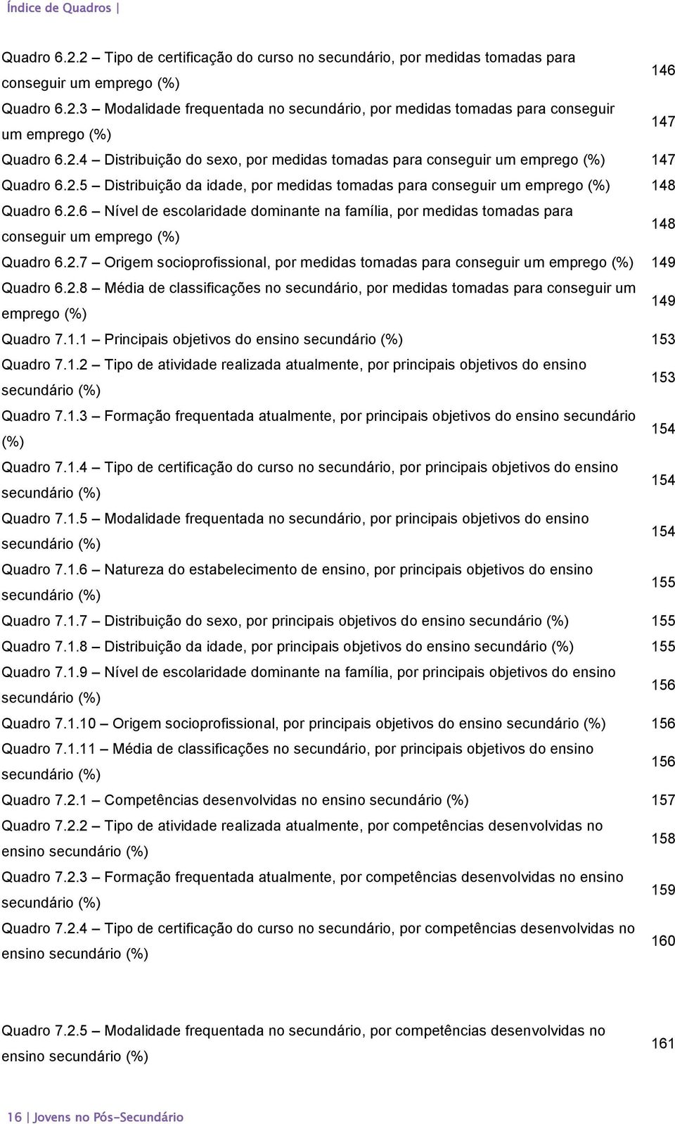 2.7 Origem socioprofissional, por medidas tomadas para conseguir um emprego (%) 149 Quadro 6.2.8 Média de classificações no secundário, por medidas tomadas para conseguir um emprego (%) 149 Quadro 7.