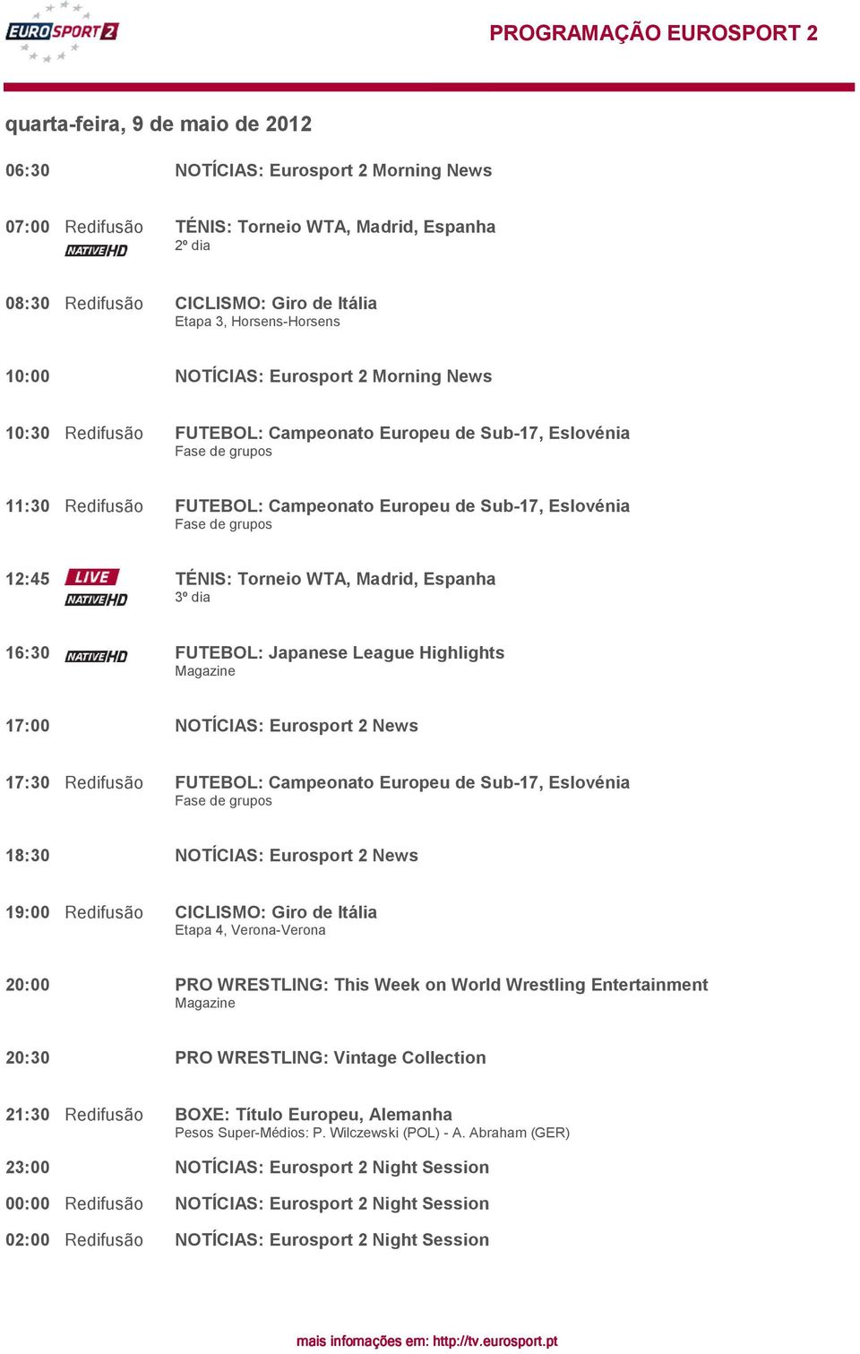 Japanese League Highlights 17:00 NOTÍCIAS: Eurosport 2 News 17:30 Redifusão FUTEBOL: Campeonato Europeu de Sub-17, Eslovénia 18:30 NOTÍCIAS: Eurosport 2 News 19:00 Redifusão CICLISMO: Giro de Itália