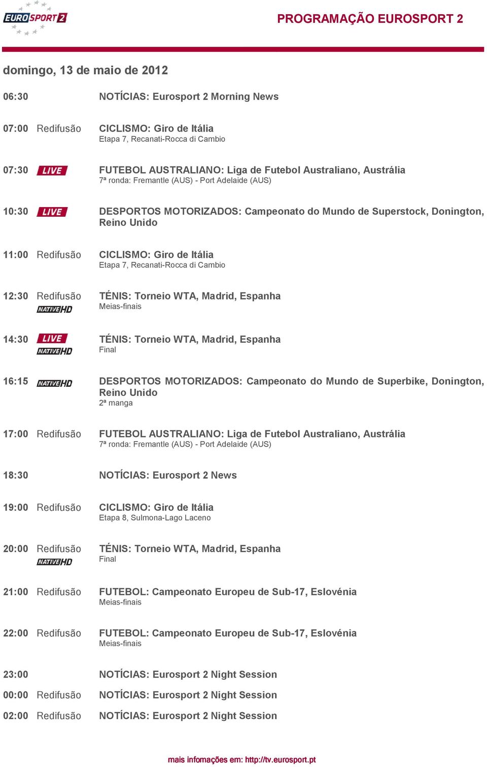 TÉNIS: Torneio WTA, Madrid, Espanha 14:30 TÉNIS: Torneio WTA, Madrid, Espanha 16:15 DESPORTOS MOTORIZADOS: Campeonato do Mundo de Superbike, Donington, Reino Unido 2ª manga 17:00 Redifusão FUTEBOL