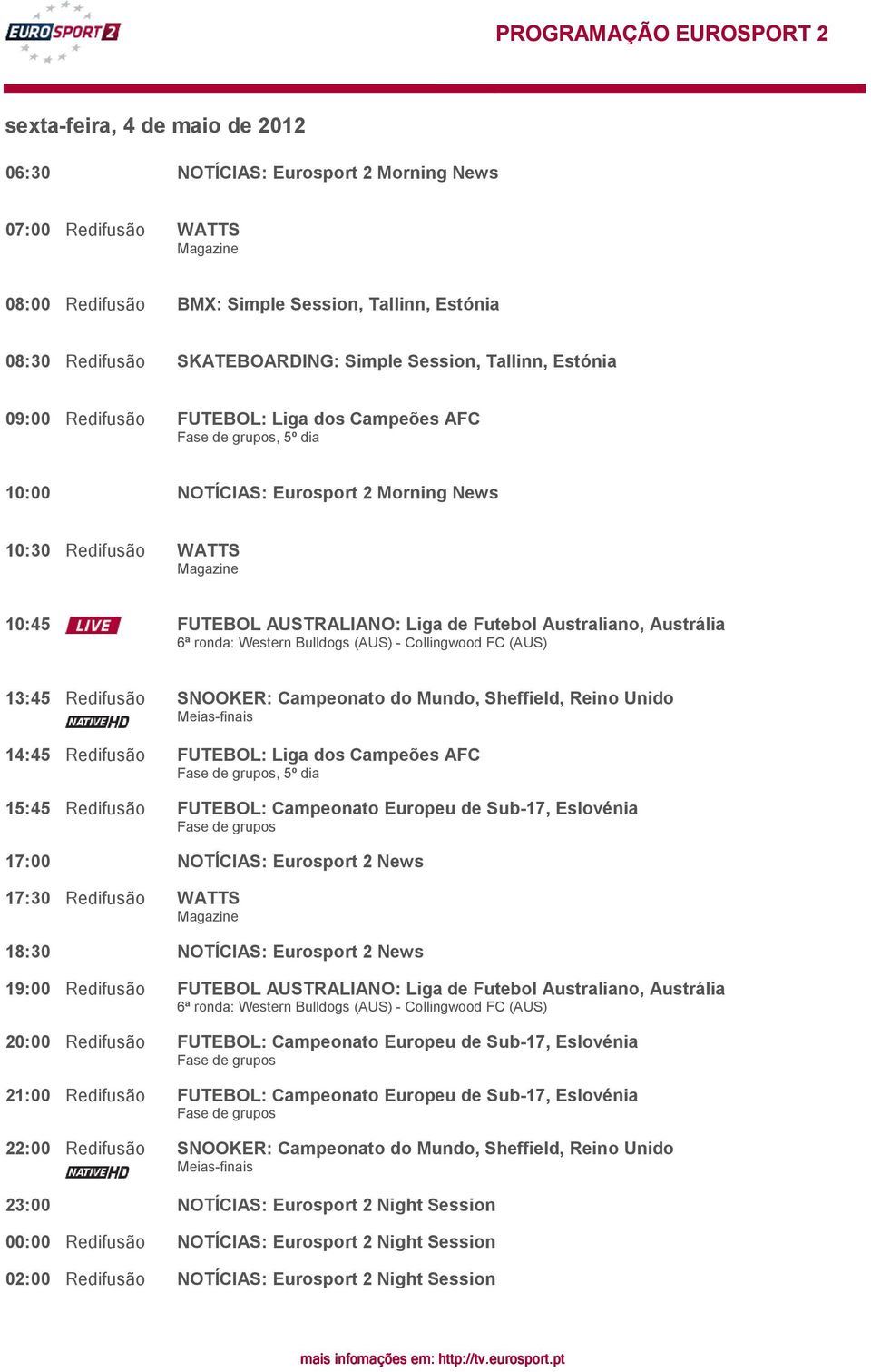 Collingwood FC (AUS) 13:45 Redifusão SNOOKER: Campeonato do Mundo, Sheffield, Reino Unido 14:45 Redifusão FUTEBOL: Liga dos Campeões AFC, 5º dia 15:45 Redifusão FUTEBOL: Campeonato Europeu de Sub-17,