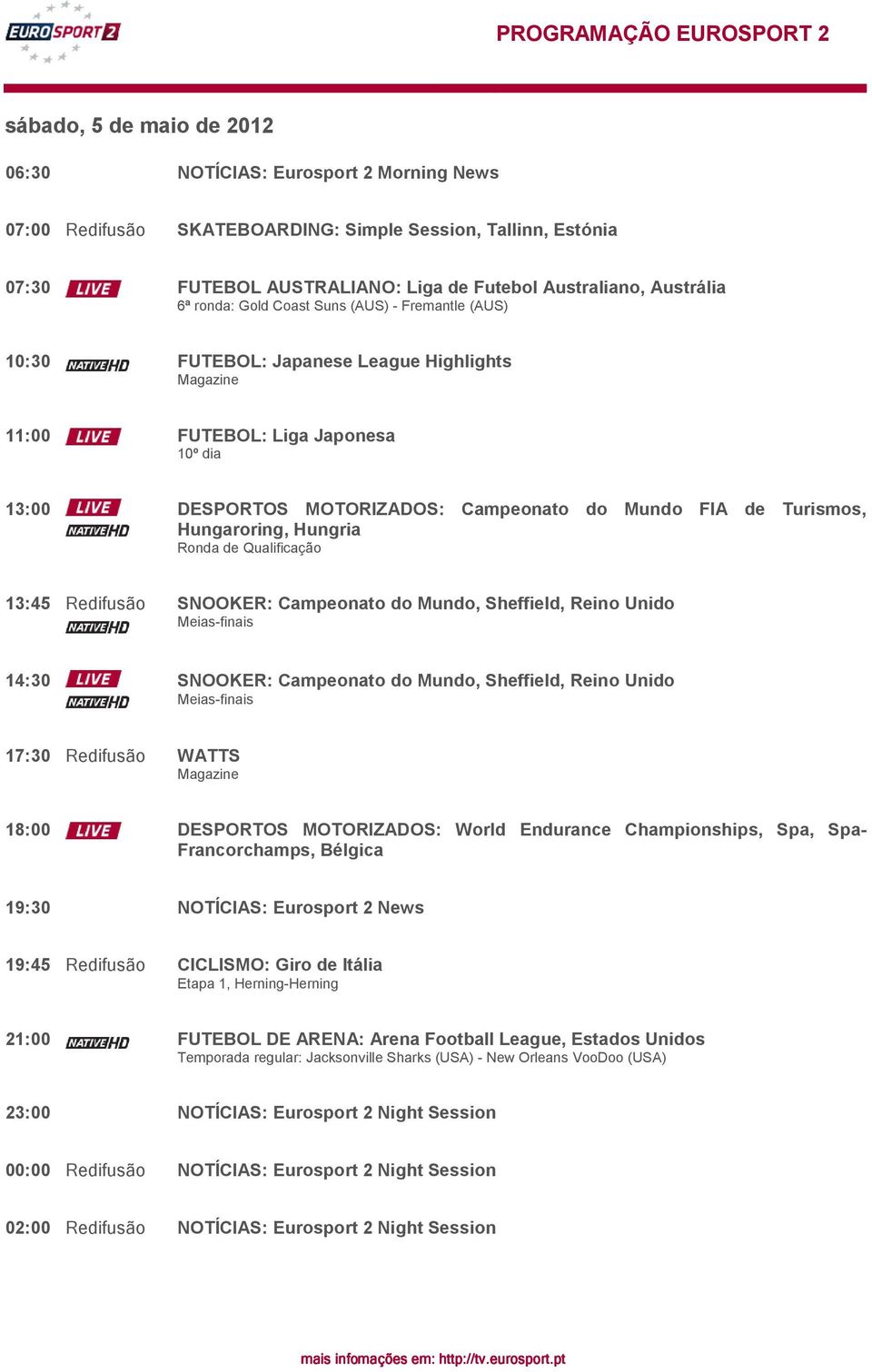 Redifusão SNOOKER: Campeonato do Mundo, Sheffield, Reino Unido 14:30 SNOOKER: Campeonato do Mundo, Sheffield, Reino Unido 17:30 Redifusão WATTS 18:00 DESPORTOS MOTORIZADOS: World Endurance