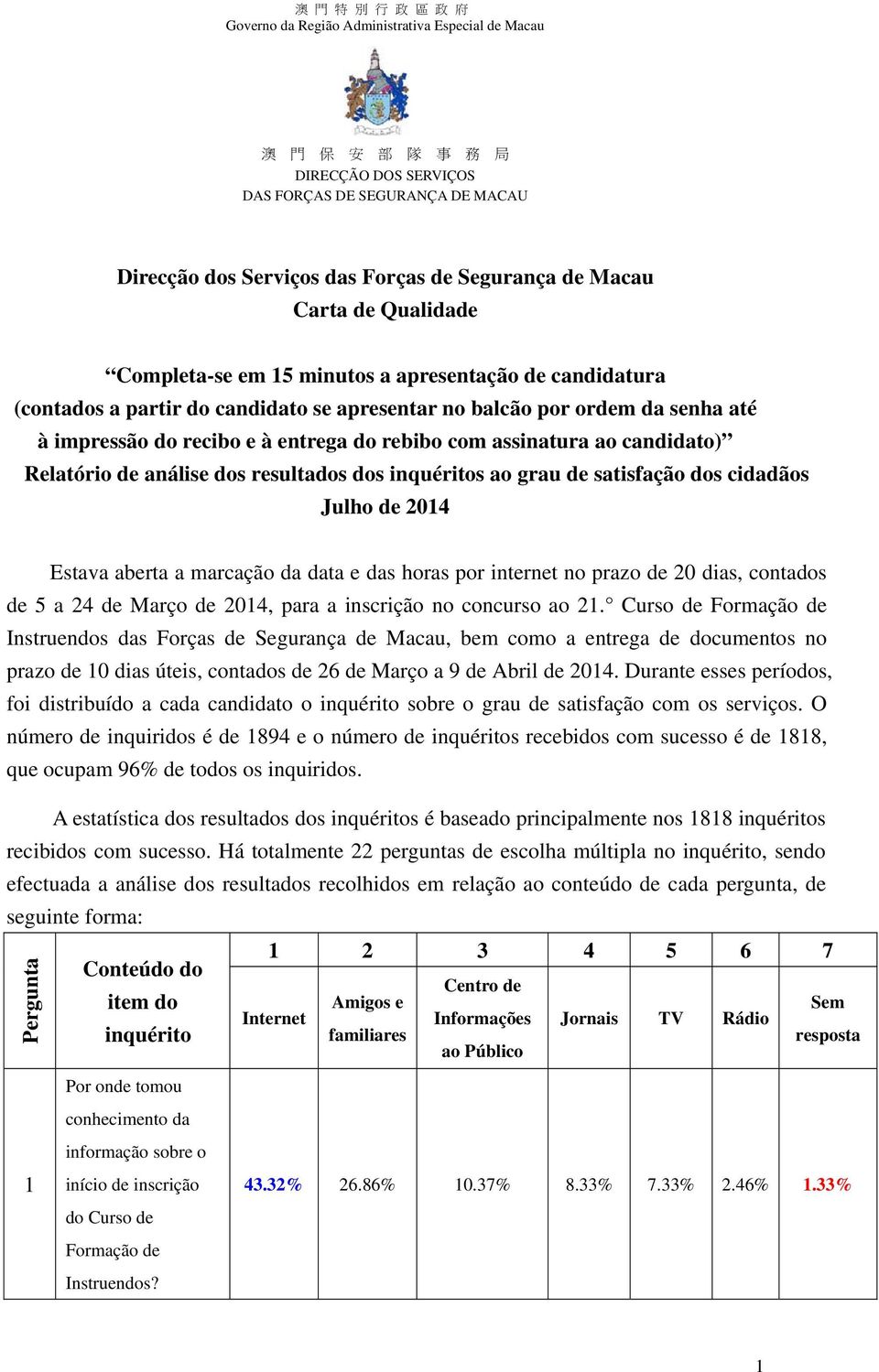 com assinatura ao candidato) Relatório de análise dos resultados dos s ao grau de satisfação dos cidadãos Julho de 2014 Estava aberta a marcação da data e das horas por internet no prazo de 20 dias,