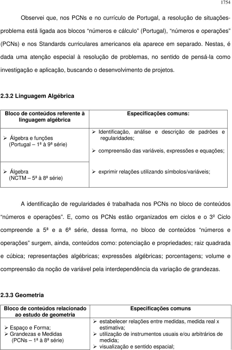 2 Linguagem Algébrica Bloco de conteúdos referente à linguagem algébrica Álgebra e funções (Portugal 1ª à 9ª série) Especificações comuns: Identificação, análise e descrição de padrões e