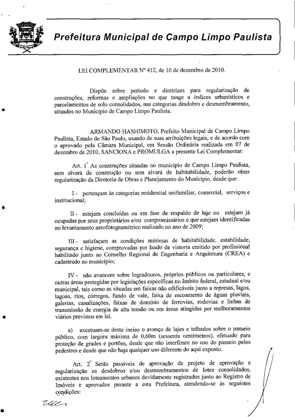 desmembramento, situados no Município de Campo Limpo Paulista.