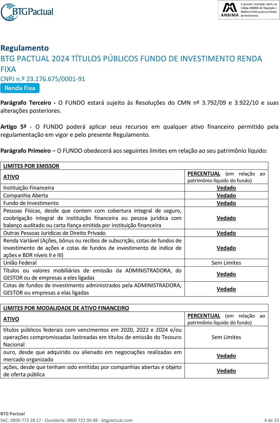 Parágrafo Primeiro O FUNDO obedecerá aos seguintes limites em relação ao seu patrimônio líquido: LIMITES POR EMISSOR ATIVO Instituição Financeira Companhia Aberta Fundo de Investimento Pessoas