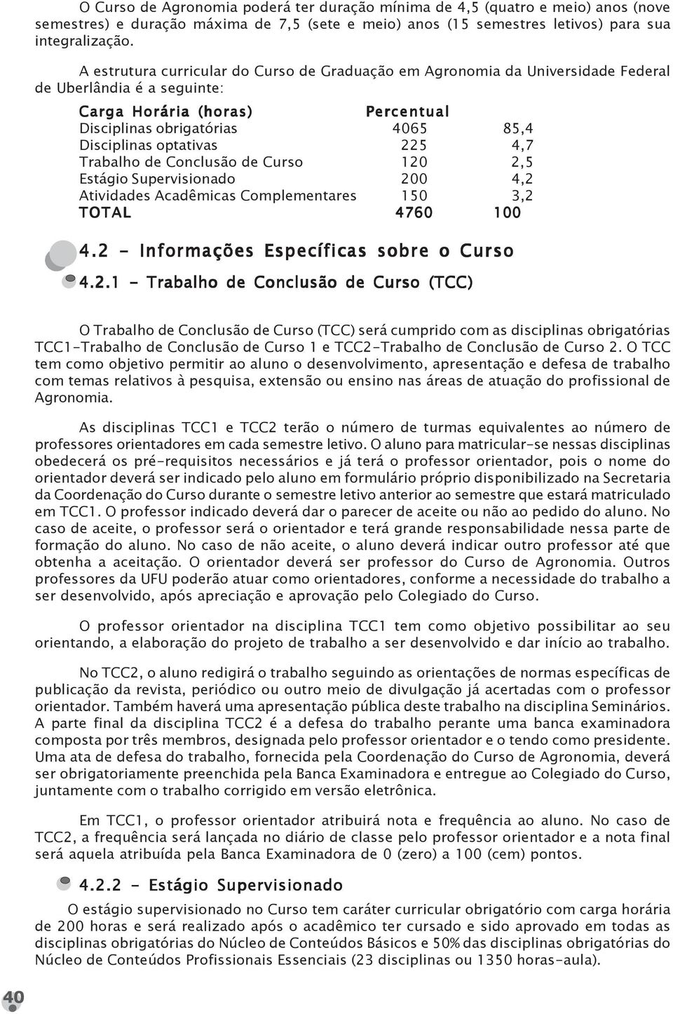 225 4,7 Trabalho de Conclusão de Curso 120 2,5 Estágio Superisionado 200 4,2 Atiidades Acadêmicas Complementares 150 3,2 TOTAL 4760 100 4.2 - Informações Específicas sobre o Curso 4.2.1 - Trabalho de