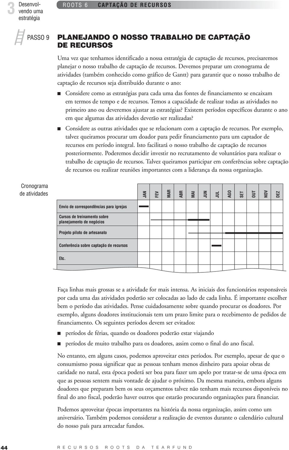 para cada uma das fontes de financiamento se encaixam em termos de tempo e de recursos. Temos a capacidade de realizar todas as atividades no primeiro ano ou deveremos ajustar as s?