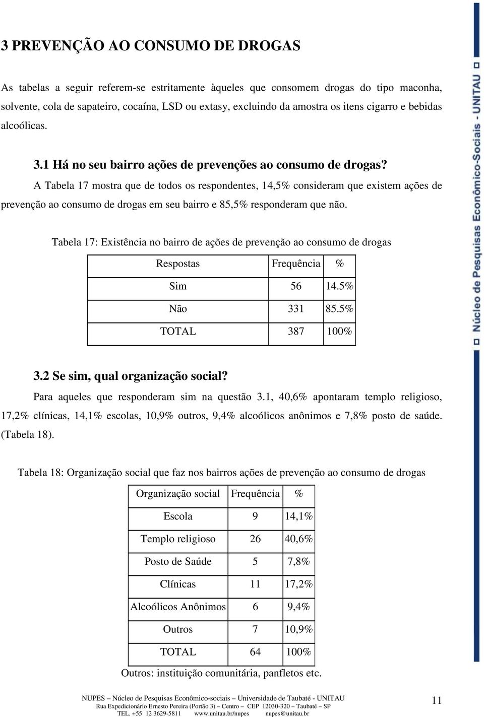 A Tabela 17 mostra que de todos os respondentes, 14,5% consideram que existem ações de prevenção ao consumo de drogas em seu bairro e 85,5% responderam que não.