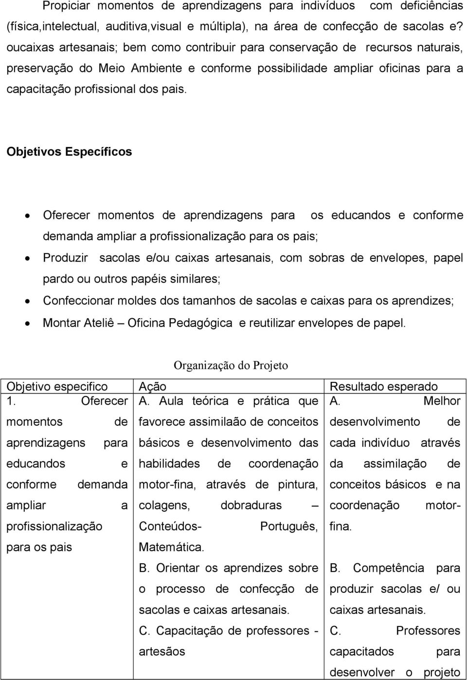 Objtivos Espcíficos Ofrcr momntos aprndizagns os ducandos conform manda ampliar a profissionalização os pais; Produzir sacolas /ou caixas artsanais, com sobras nvlops, papl pardo ou outros papéis