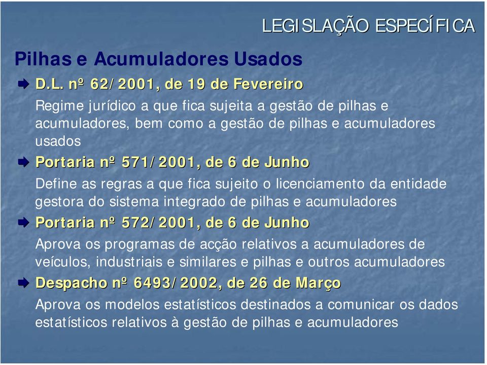 Portaria nº 571/2001, de 6 de Junho Define as regras a que fica sujeito o licenciamento da entidade gestora do sistema integrado de pilhas e acumuladores Portaria nº 572/2001, de