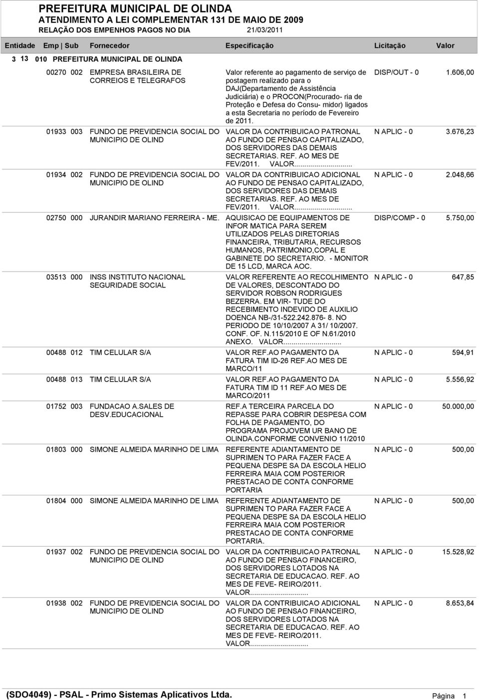 606,00 01933 01934 003 FUNDO DE PREVIDENCIA SOCIAL DO VALOR DA CONTRIBUICAO PATRONAL AO FUNDO DE PENSAO CAPITALIZADO, DOS SERVIDORES DAS DEMAIS SECRETARIAS. REF. AO MES DE N APLIC - 0 3.