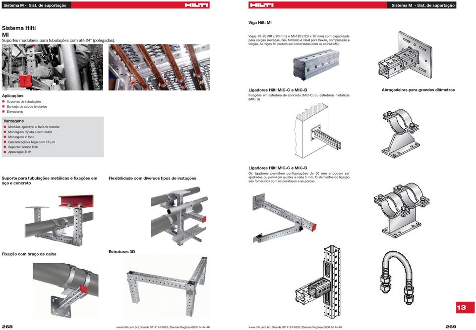 Aplicações Suportes de tubulações Bandeja de cabos terciários Elevadores Modular, ajustável e fácil de instalar Montagem rápida e sem solda Montagem in loco Galvanização a com 75 µm Suporte técnico