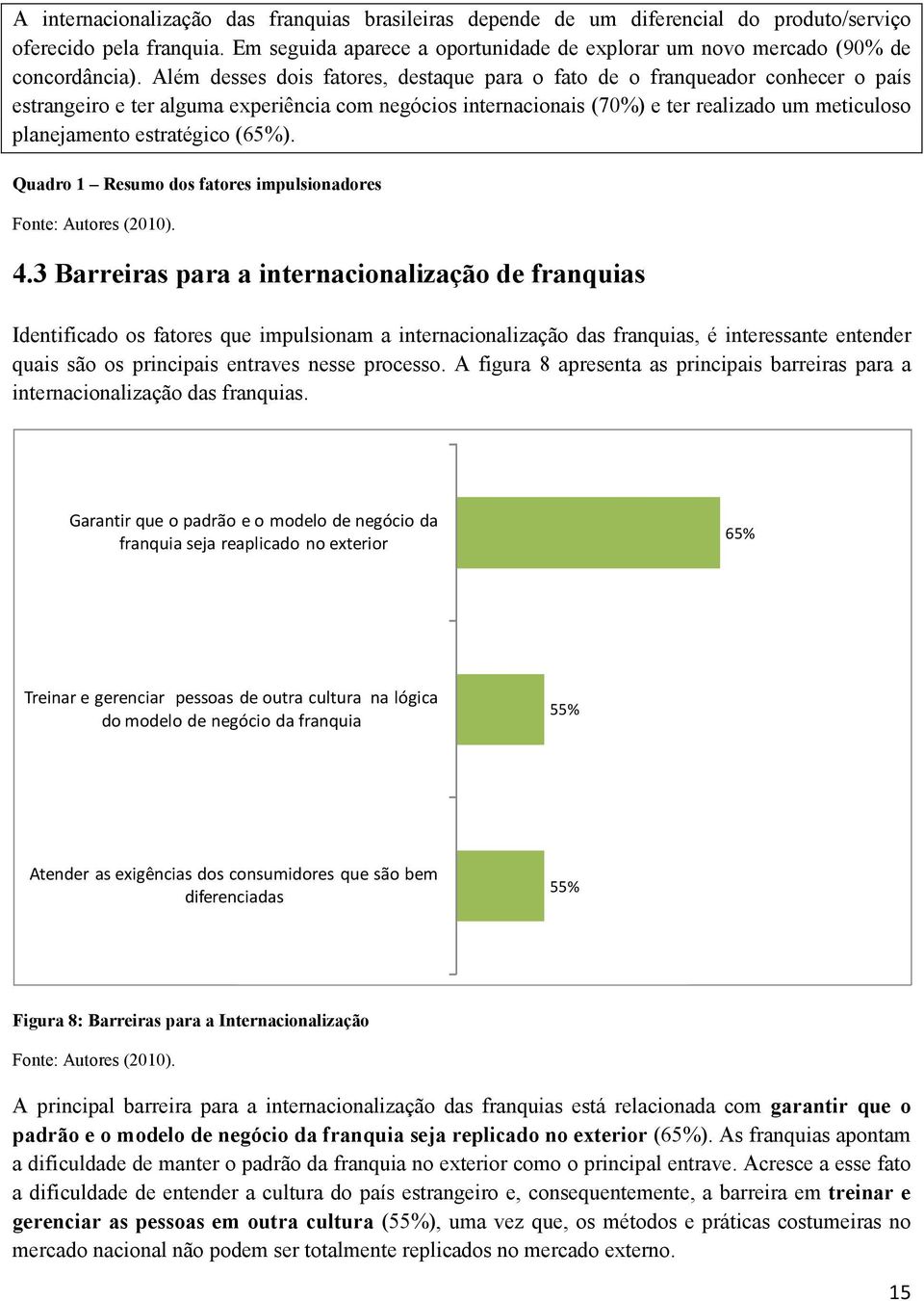 Além desses dois fatores, destaque para o fato de o franqueador conhecer o país estrangeiro e ter alguma experiência com negócios internacionais (70%) e ter realizado um meticuloso planejamento