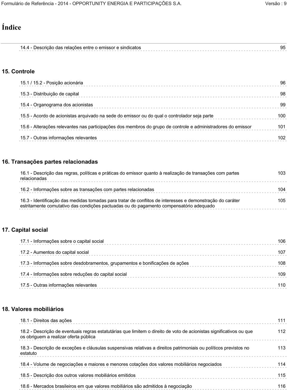 6 - Alterações relevantes nas participações dos membros do grupo de controle e administradores do emissor 101 15.7 - Outras informações relevantes 102 16. Transações partes relacionadas 16.