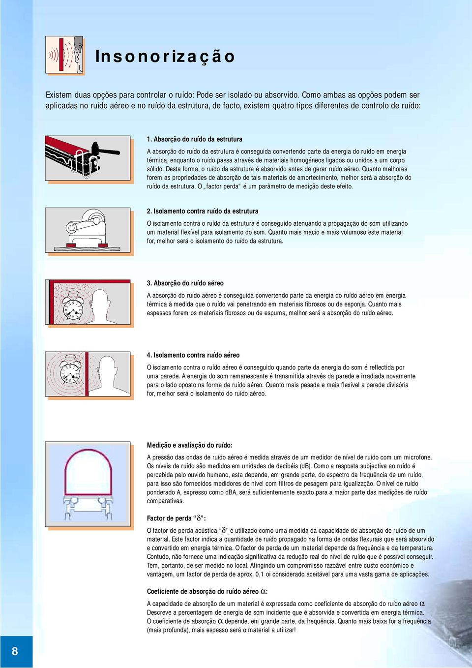 Absorção do ruído da estrutura A absorção do ruído da estrutura é conseguida convertendo parte da energia do ruído em energia térmica, enquanto o ruído passa através de materiais homogéneos ligados