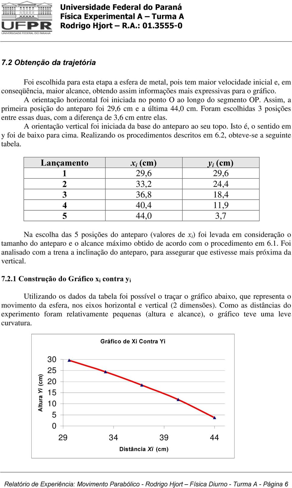 Foram escolhidas 3 posições entre essas duas, com a diferença de 3,6 cm entre elas. A orientação vertical foi iniciada da base do anteparo ao seu topo. Isto é, o sentido em y foi de baixo para cima.