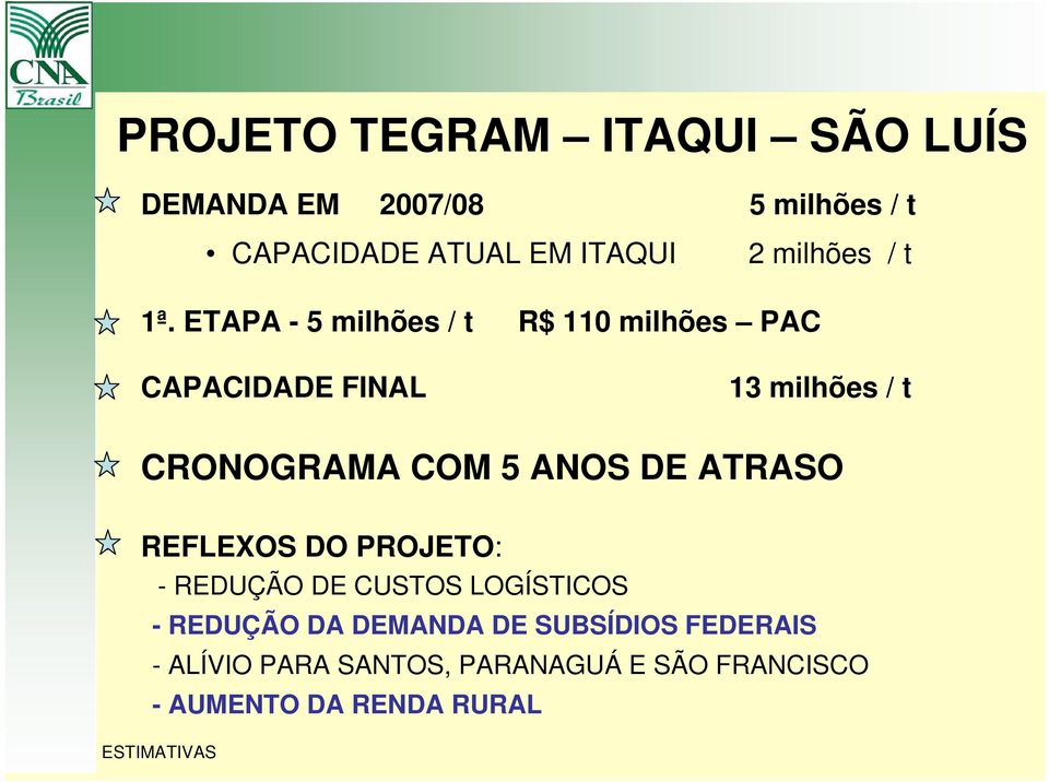 ETAPA - 5 milhões / t R$ 110 milhões PAC CAPACIDADE FINAL 13 milhões / t CRONOGRAMA COM 5 ANOS DE